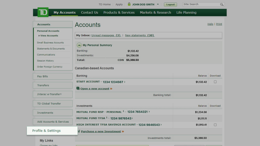 From the Accounts screen, select the Profile & Settings option from the left menu.